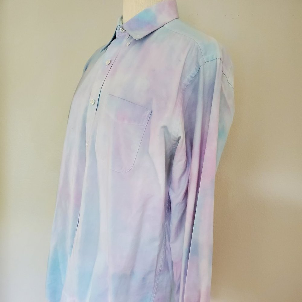 Mens Painted tie dye collared work Shirt cotton white blue purple pink large XL